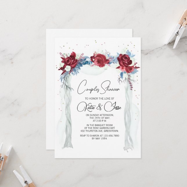 Moody Burgundy Floral Arch Couples Shower  Invitation (Front/Back In Situ)