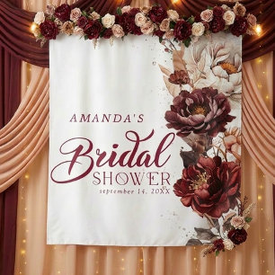 Moody Burgundy Floral Bridal Shower Backdrop Tapestry