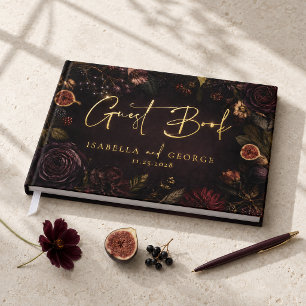 Moody Burgundy Floral Fig Fall Wedding Guest Book