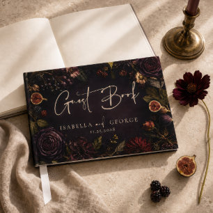 Moody Burgundy Floral Fig Fall Wedding Guest Book
