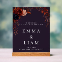 Moody Burgundy Floral Pedestal Table Welcome Sign