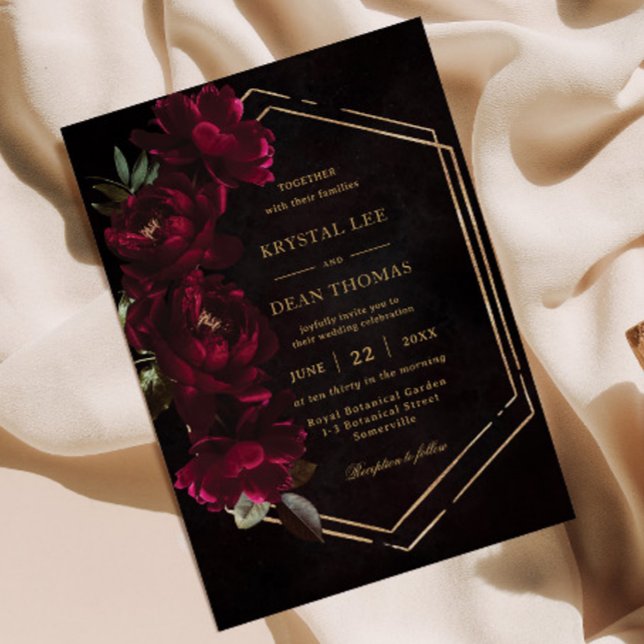 Moody Burgundy Floral Peonies Wedding Invitation (Creator Uploaded)