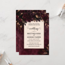 Moody Burgundy & Gold Floral Winter Wedding Invita
