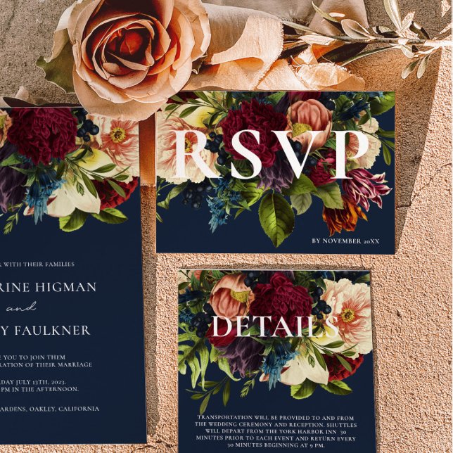 Moody Burgundy Navy Blue Winter Floral Wedding RSVP Card (Creator Uploaded)