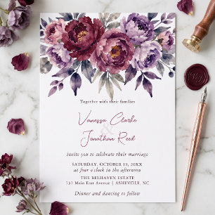 Moody Burgundy Plum Peony Autumn Wedding Invitation