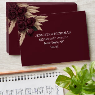 Moody Burgundy Rose Pampas Grass Return Address  Envelope