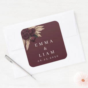 Moody Burgundy Rose Pampas Grass Wedding Square  Sticker