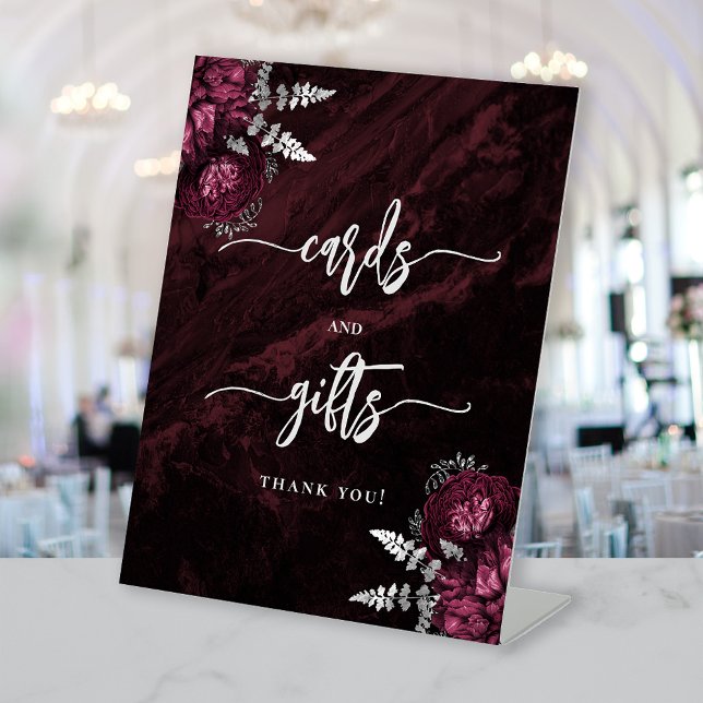 Moody Burgundy Silver Floral Wedding Cards Gifts Pedestal Sign (Creator Uploaded)