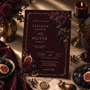 Moody Burgundy Velvet Gold Floral Wedding Invitation