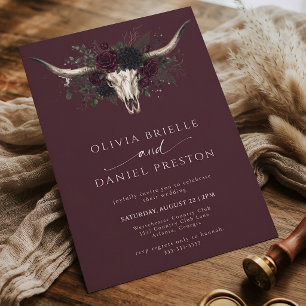 Moody Burgundy Western Longhorn Skull Wedding Invitation