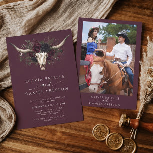 Moody Burgundy Western Photo Skull Wedding Invitation