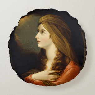 Moody Celestial Light Lady Red Turban Art Round Cushion