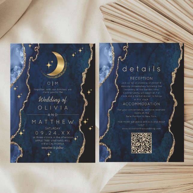 Moody Celestial Navy  Blue QR Code Wedding  Invitation (Creator Uploaded)