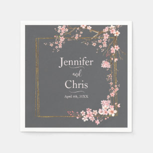 Moody Charcoal and Pink Cherry Blossom Wedding Napkin