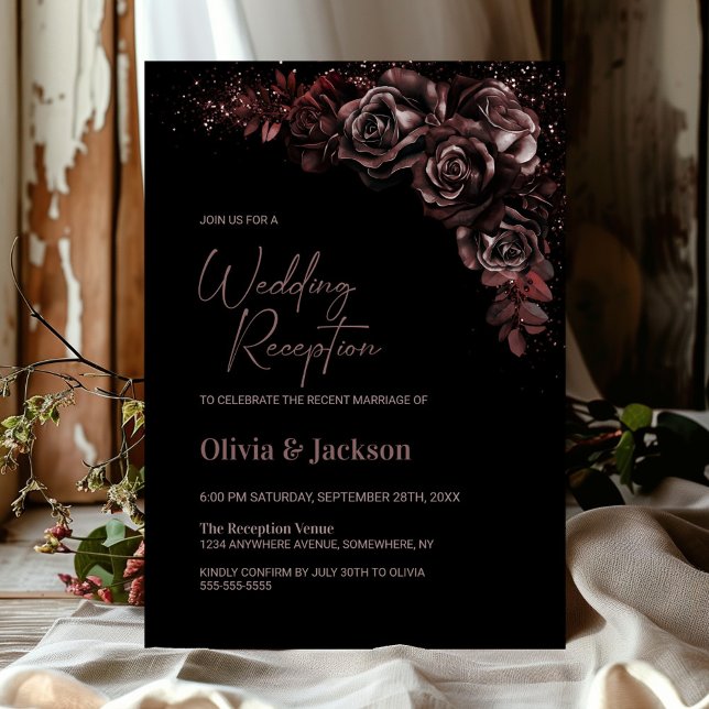 Moody Chocolate Floral Wedding Reception Invitation (Creator Uploaded)