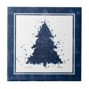 Moody Christmas Tree Classy Dark Navy Blue Ceramic Tile