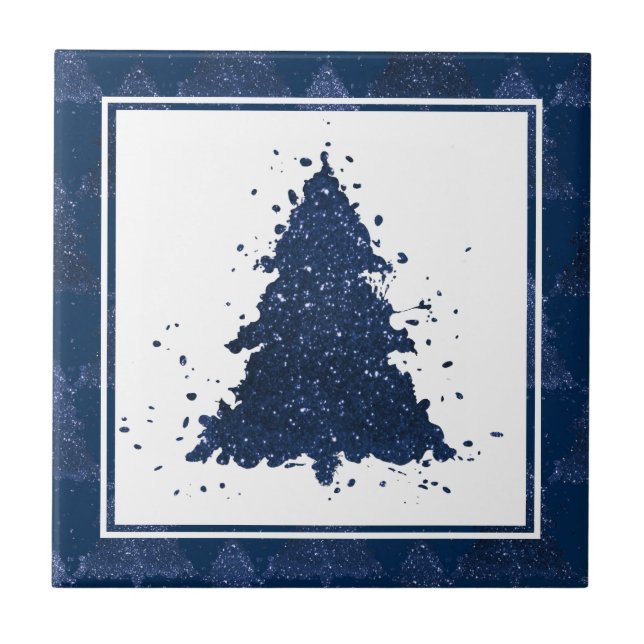 Moody Christmas Tree | Classy Dark Navy Blue Ceramic Tile (Front)