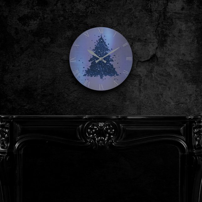 Moody Christmas Tree | Classy Navy Blue Splatter Round Clock (Creator Uploaded)