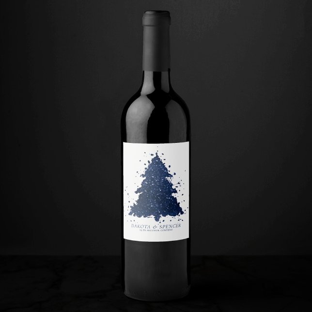 Moody Christmas Tree | Classy Navy Blue Splatter Wine Label (Creator Uploaded)