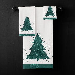 Moody Christmas Tree Dark Midnight Teal Green Bath Towel Set