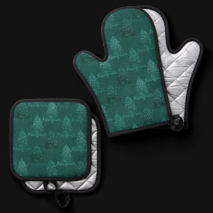 Moody Christmas Tree   Dark Midnight Teal Green Oven Mitt & Pot Holder Set