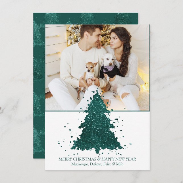 Moody Christmas Tree | Dark Midnight Teal Photo Holiday Card (Front/Back)