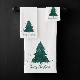 Moody Christmas Tree Dark Midnight Teal Script Bath Towel Set
