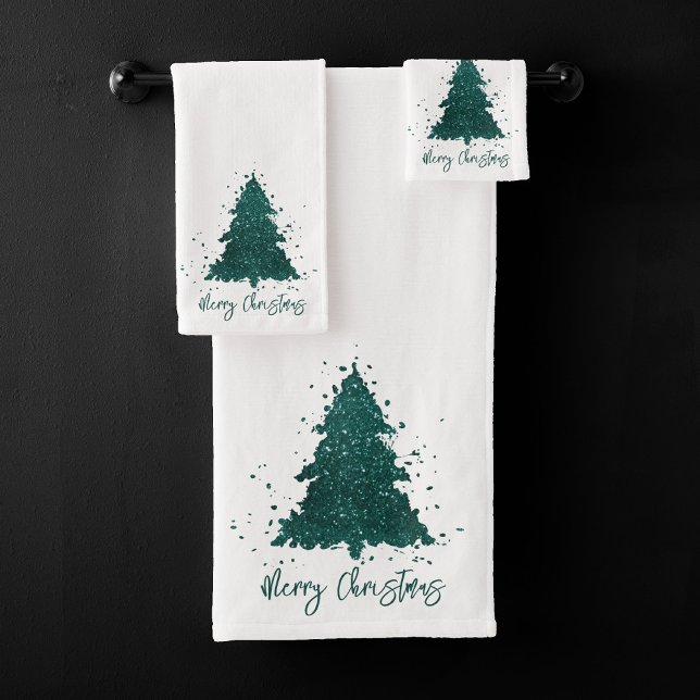 Moody Christmas Tree | Dark Midnight Teal Script Bath Towel Set (Creator Uploaded)