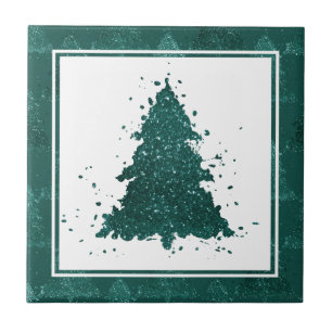 Moody Christmas Tree Dark Midnight Teal Splatter Ceramic Tile