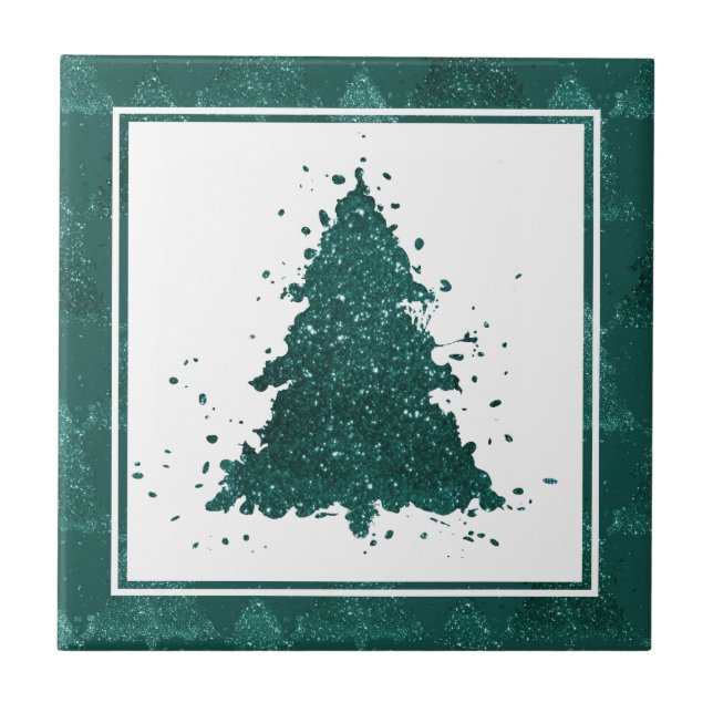 Moody Christmas Tree | Dark Midnight Teal Splatter Ceramic Tile (Front)