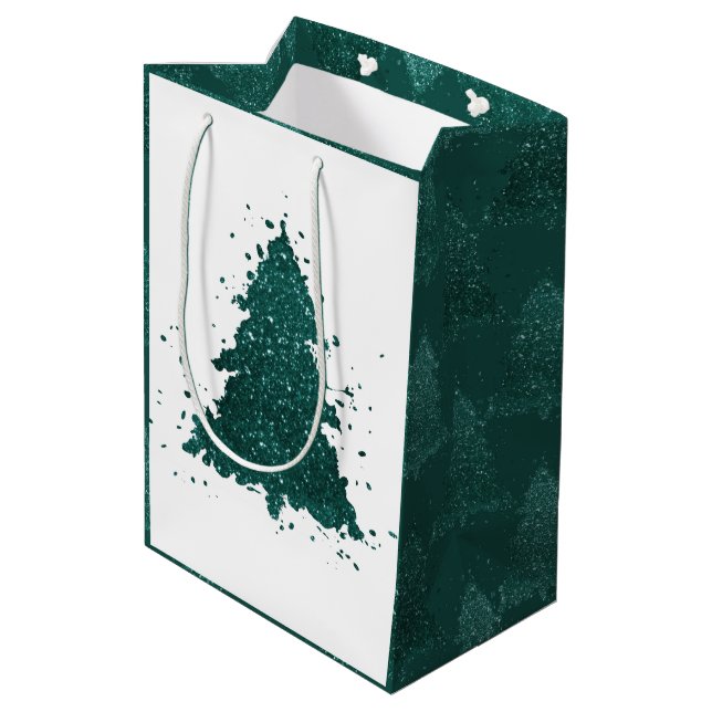 Moody Christmas Tree | Dark Midnight Teal Splatter Medium Gift Bag (Back Angled)