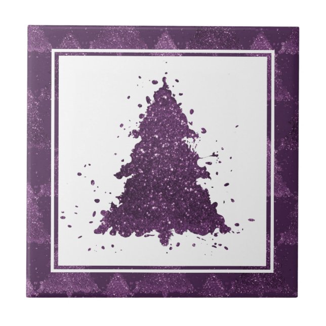 Moody Christmas Tree | Deep Plum Purple Splatter Ceramic Tile (Front)