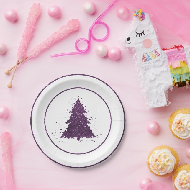Moody Christmas Tree | Deep Plum Purple Splatter Paper Plate (Party)