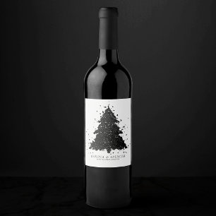 Moody Christmas Tree   Onyx Silvery Black Splatter Wine Label
