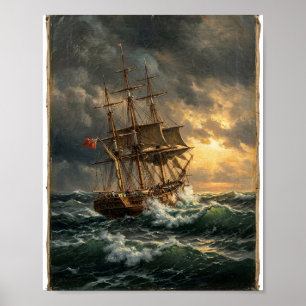 Moody Coastal Tall Ship Stormy Waves I Poster