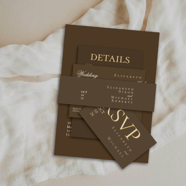 Moody Coffee Ivory Minimalist Boho Wedding Invitation Belly Band (Creator Uploaded)