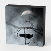 Moody Crescent Moon And Crow Wooden Box Sign (Angled Vertical)