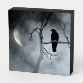 Moody Crescent Moon And Crow Wooden Box Sign (Angled Horizontal)