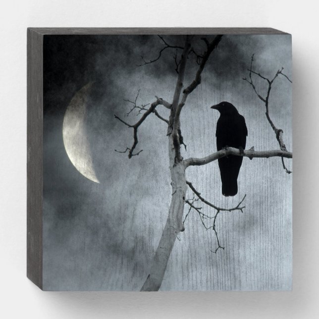 Moody Crescent Moon And Crow Wooden Box Sign (Front Horizontal)