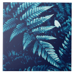 Moody Cyan and Blue Fern Cyanotype Inspired Ceramic Tile