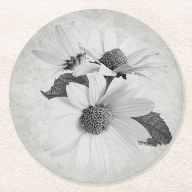 Moody Daisy Black & White Neutral Everyday Floral Round Paper Coaster (Front)