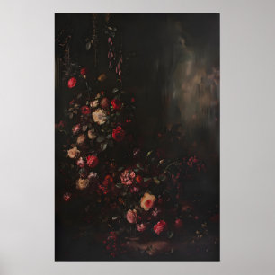 Moody Dark Botanical Floral Rose Flower Art, Dark Poster