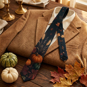 Moody Dark Botanical Pumpkin Autumn Thanksgiving Tie