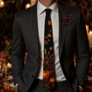 Moody Dark Botanical Pumpkin Autumn Thanksgiving Tie