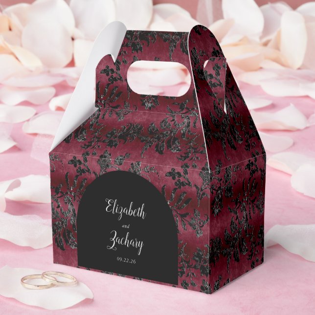 Moody Dark Burgundy Black Damask Arch Favour Box (Wedding)