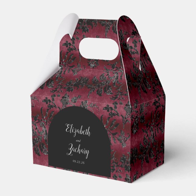 Moody Dark Burgundy Black Damask Arch Favour Box (Front Side)