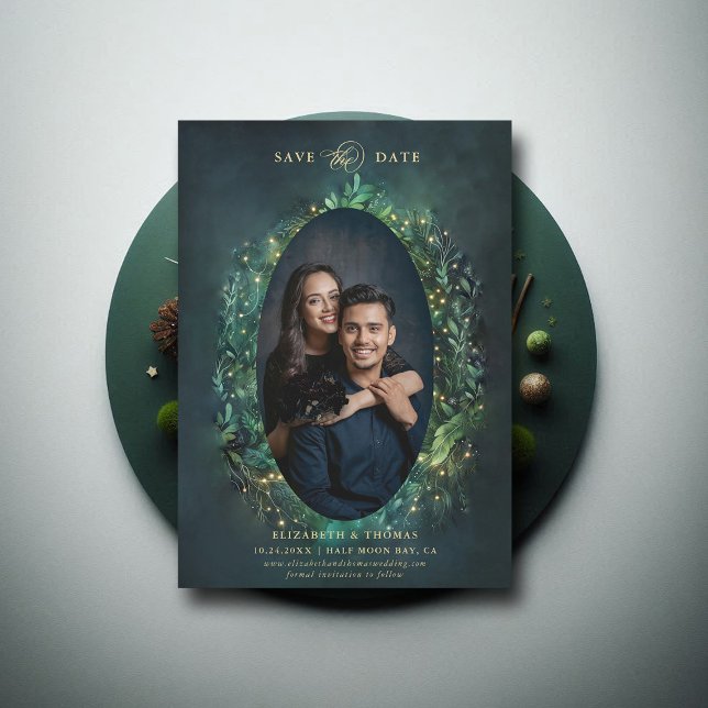 Moody Dark Elegant Enchanted Forest Photo Wedding Save The Date (enchanted forest woodland wedding photo save date calligraphy fairy tale dramatic moody dark romance)