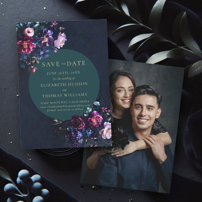 Moody Dark Elegant Floral Jewel Tone Photo Wedding Save The Date (wedding save the date moody dark romantic gothic floral navy blue emerald jewel tone photo template)