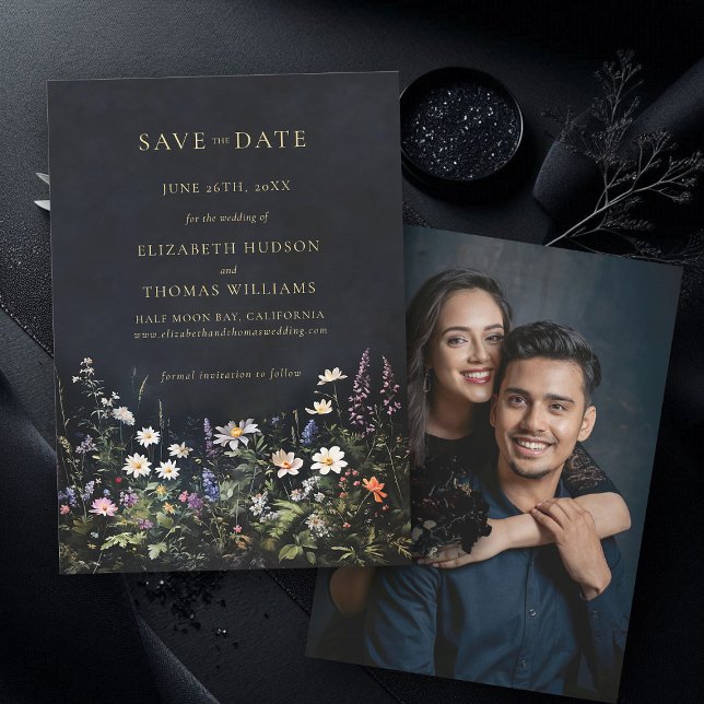 Moody Dark Elegant Romantic Wildflowers Wedding Save The Date (wedding save the date moody dark romantic gothic floral black wildflowers photo announcement)