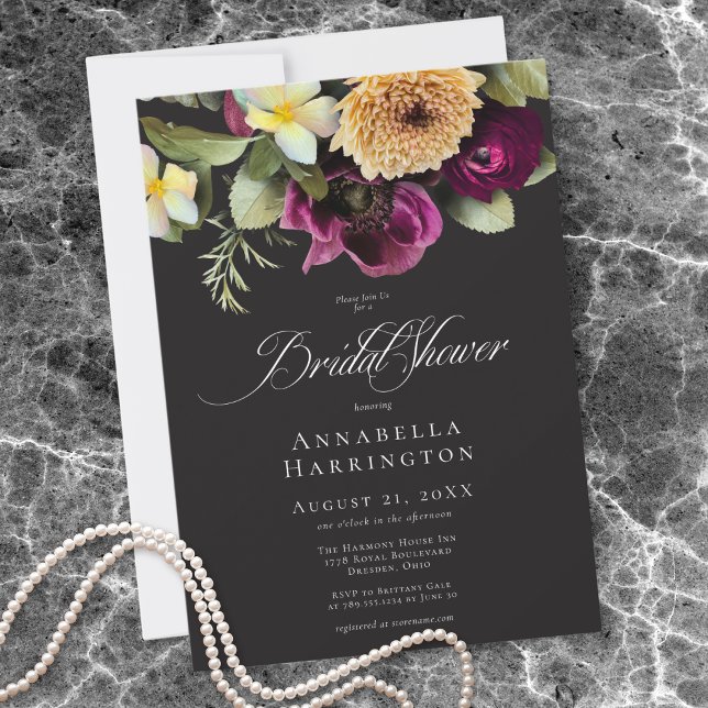 Moody Dark Floral Black Burgundy Bridal Shower Invitation (Moody Dark Floral Black Burgundy Bridal Shower Invitation)